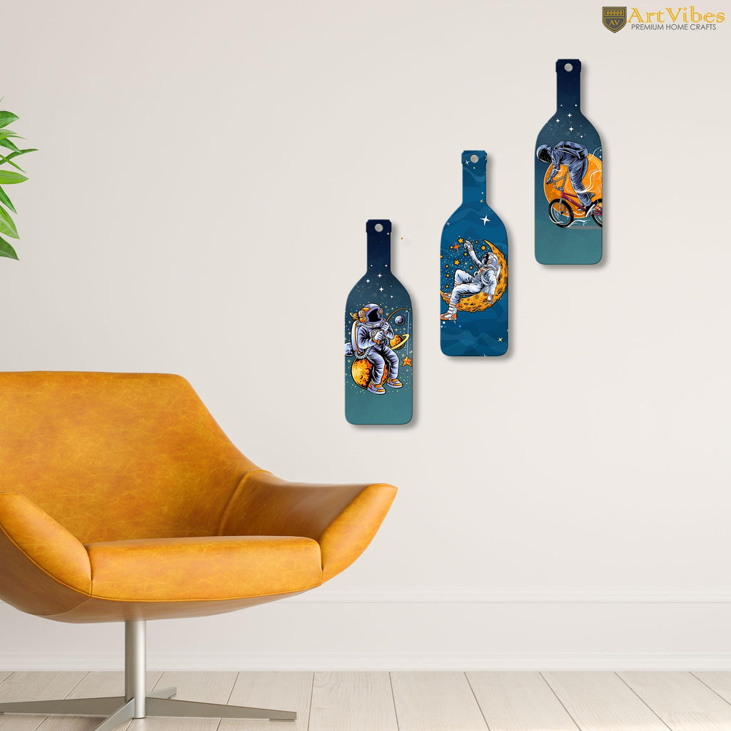 Artvibes Astronaut in Space Decor Bottle shaped Wooden Wall Hanging | Living Room | Office | Wall Art Painting For Hall | Graphic Artwork | Aesthetic Wooden Decor | Ideal Gifts (WH_9523N), Set of 3