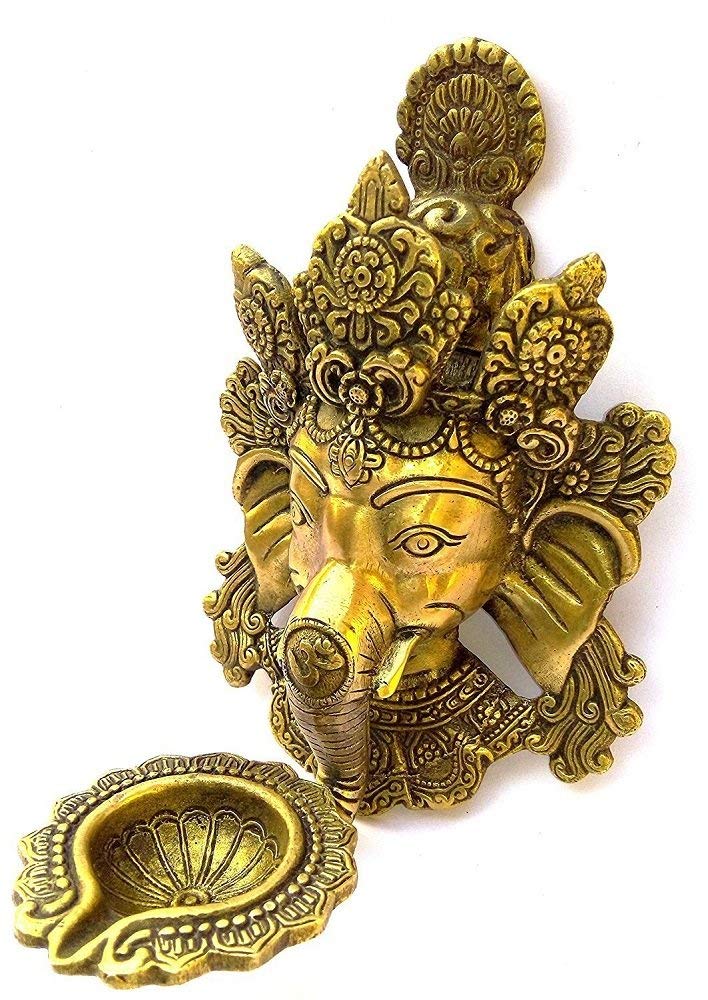 ARTVARKO Brass Ganesh Ganesha Diya On Trunk Wall Hanging Designer Deepak Deepam for Marriage Office Showpiece Gold Standard 1 Pcs