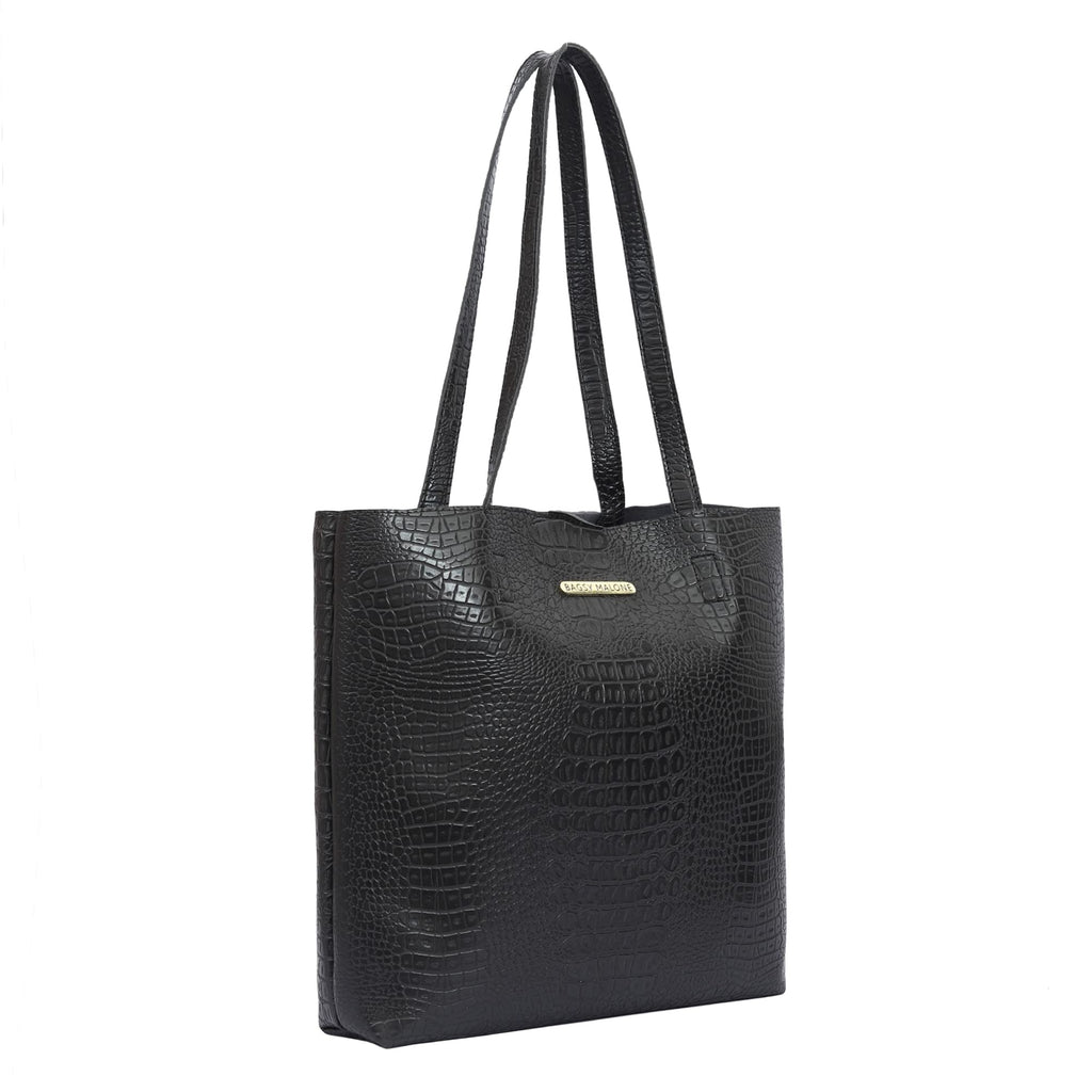 Bagsy Malone Women's Vegan Leather Stylish Tote Bag Pack of 5 | Ladies Purse Handbag (Croco Black)