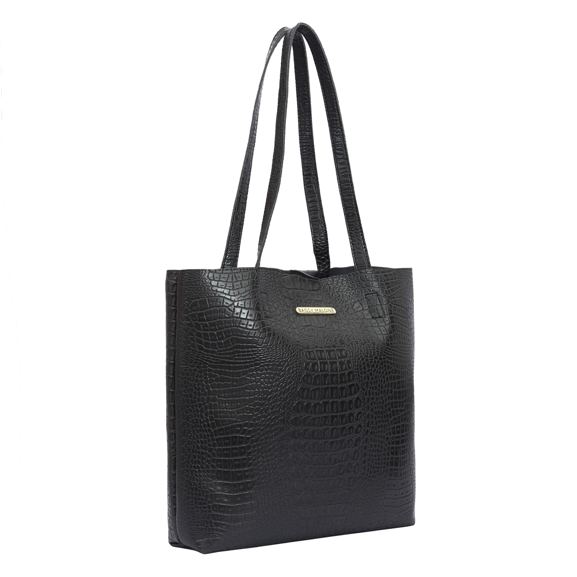 Bagsy Malone Women's Vegan Leather Stylish Tote Bag Pack of 5 | Ladies Purse Handbag (Croco Black)