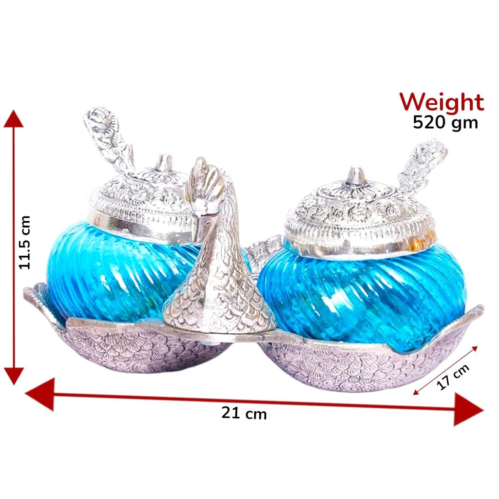 KridayKraft Metal Double Duck Shape Glass Bowl with Spoon for Saunf Supari & Dryfruit Tray Home Office Table Decor & Gift Item Decorative Showpiece for Decoration & Gifting Purpose