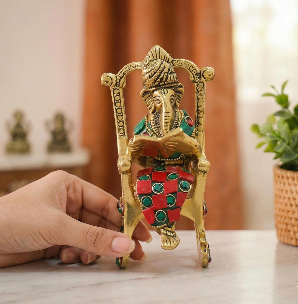 KridayKraft Chair Ganesha ji Reading Book with Stone Work,Ganesha Metal Statue,Ganpati Murti Idol for Pooja & Home,Office Décor Ganesh Idol Religious Showpiece for Decoration & Gifting Article