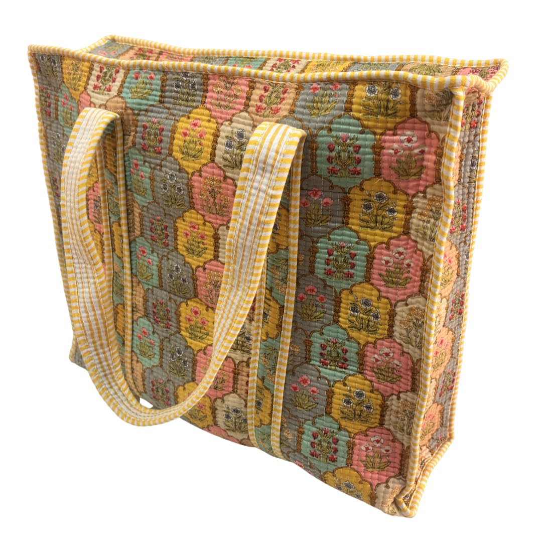 Bazaar Bhoot Edition Premium Cotton Quilted Shopping Tote Bag - Multipurpose Long Lasting Foldable Reusable Bag with zipper for Shopping, Travel & Daily Use (Classic Yellow (250 GSM Cotton))