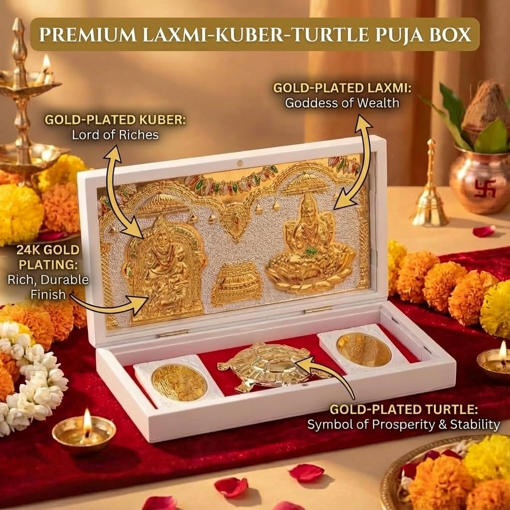 House Of Wemy Laxmi Kuber Pocket Temple for Pooja Room, Gifting for Wedding & Housewarming Ceremony I Gold Plated Photo Frame with Charan Paduka & Turtle for Good Luck - (8.4x4.5Inch) - Pack of 1