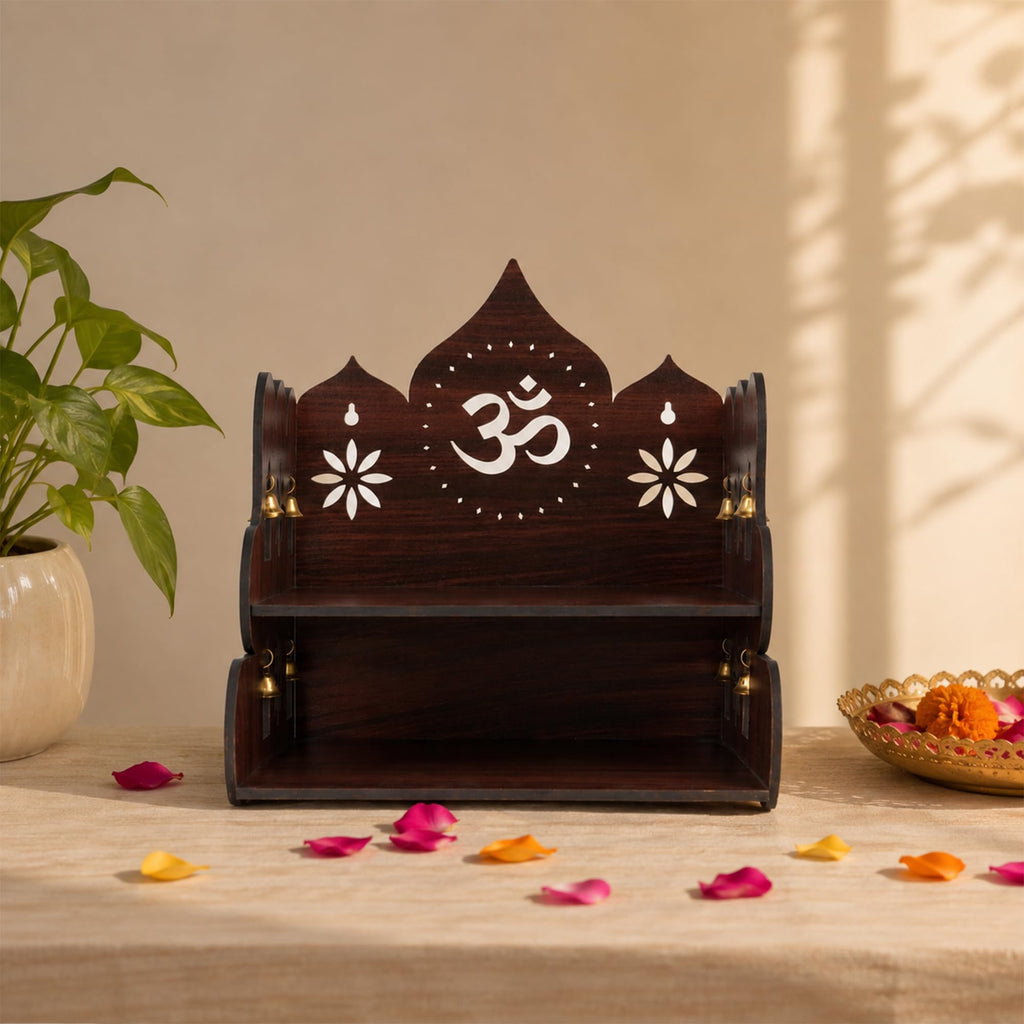The Divine Tales Shubh Om Wooden Pooja Mandir Wall Mounted Home Temple with Jharokha Design Om Swastika Engraving Prayer Shelf for Idols Diyas Incense Pooja Essentials Wooden Mandir for Home 15 Inch