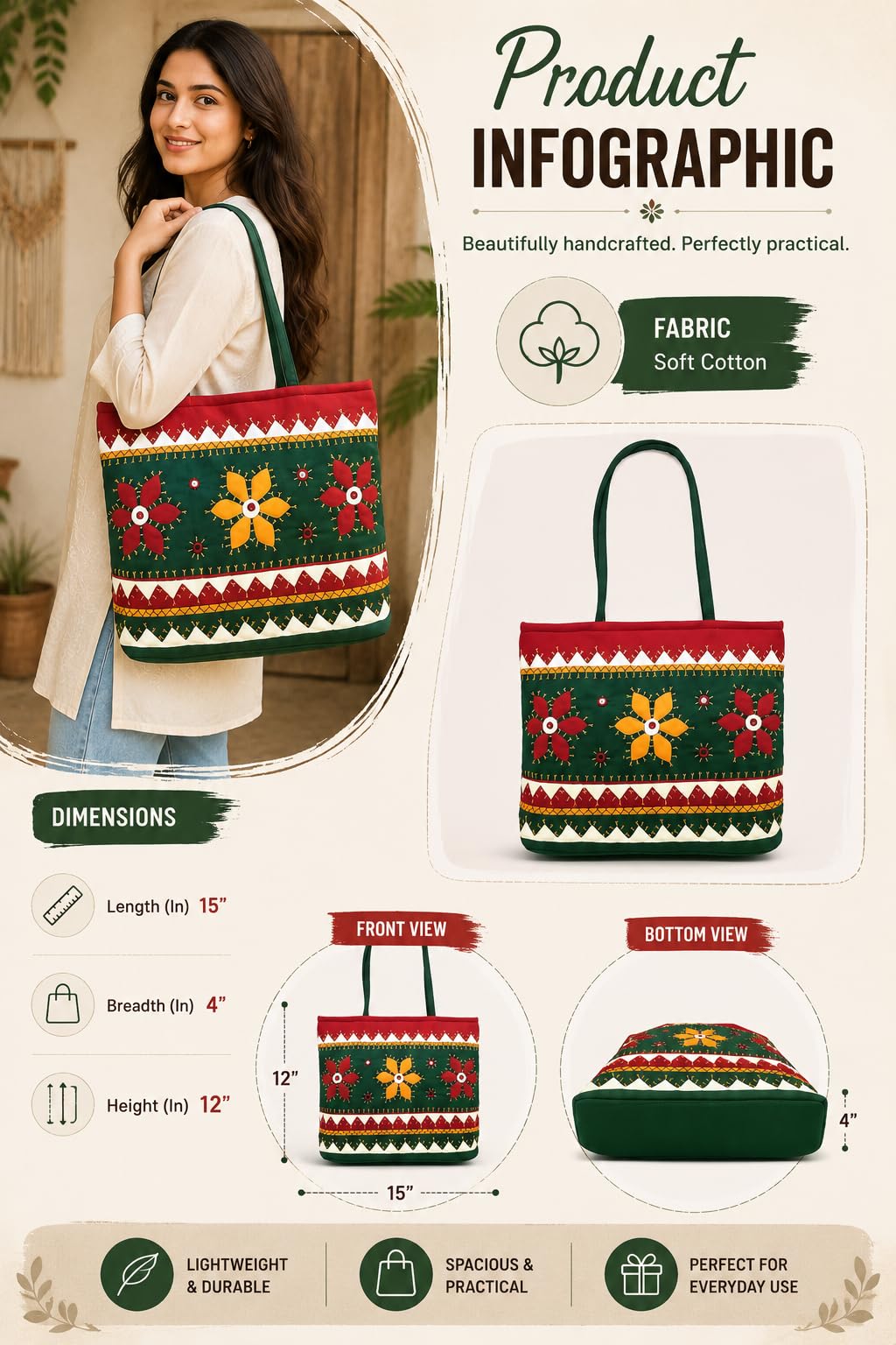 SriShopify Handcrafted Tote Bag Shoulder Bag Handbags for marriage women wedding gift for friend marriage Green hand bag (30x40x10 cm Mirrors and Beads applique work Stylish)