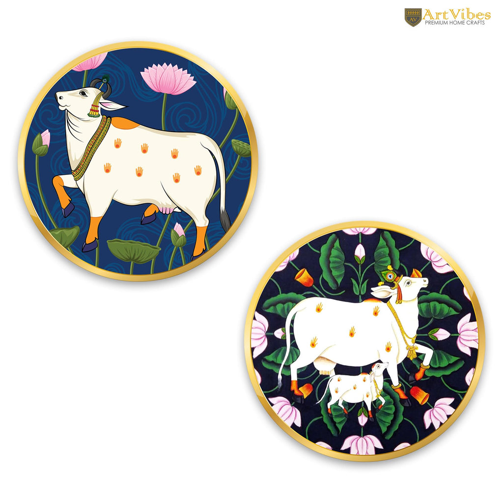 Artvibes Cow Round Shape Round Shape MDF Wooden Wall Art for Home Decoration | Spiritual Decor Items | Wall Art Paintings | Wall Illustrations| Stylish Modern Artwork | Gift (WH_8804NN), Set of 2