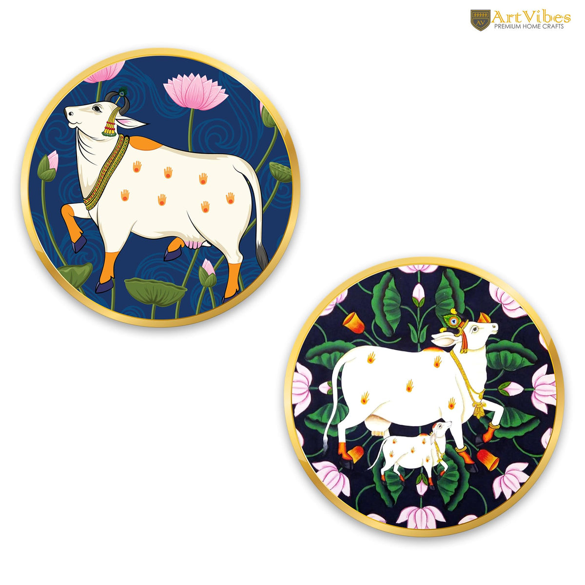Artvibes Cow Round Shape Round Shape MDF Wooden Wall Art for Home Decoration | Spiritual Decor Items | Wall Art Paintings | Wall Illustrations| Stylish Modern Artwork | Gift (WH_8804NN), Set of 2