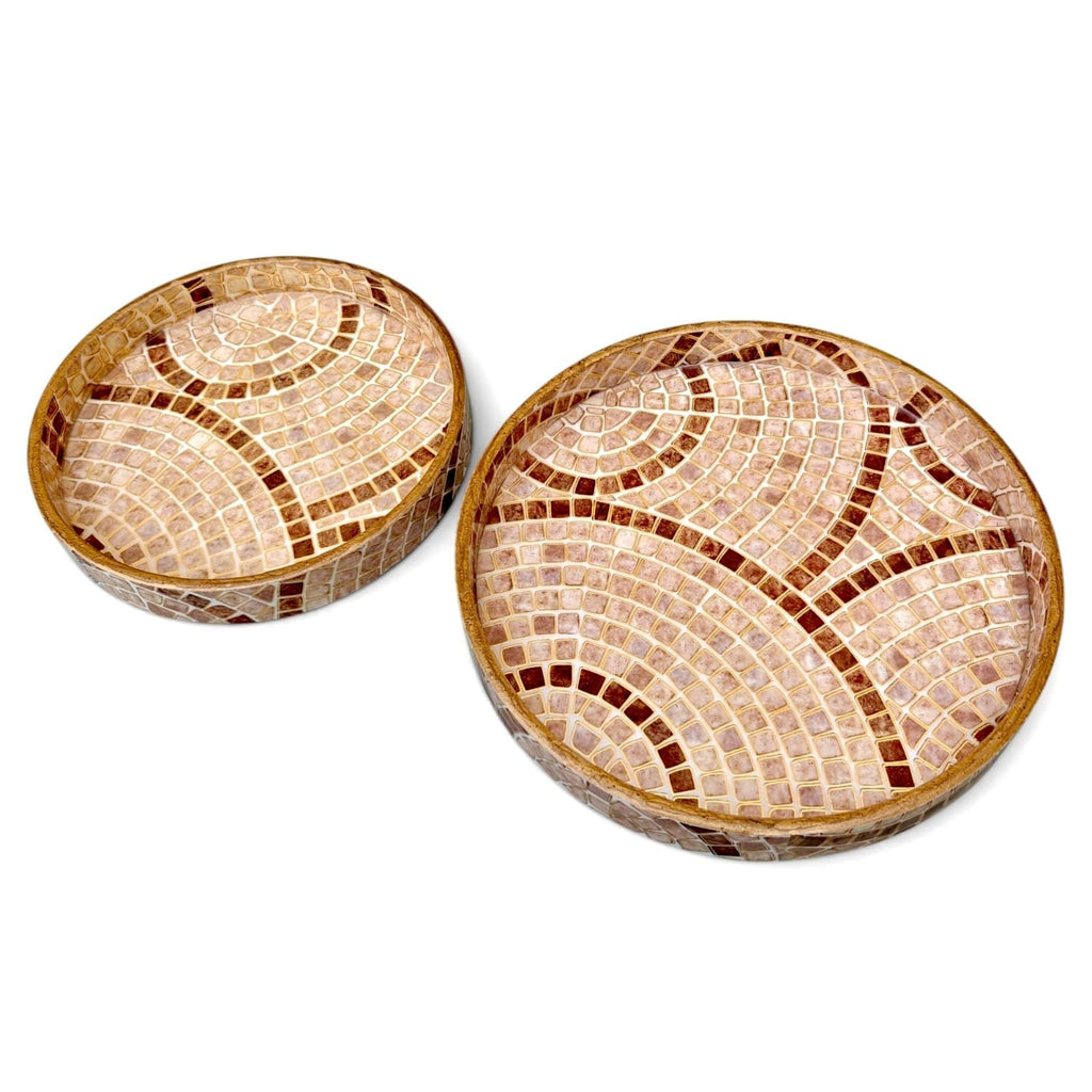 TRAYZON Round MDF Serving Tray Set of 2 | Decorative Mosaic Design | Premium Glossy Waterproof Finish | Wooden Tea & Coffee Serving Trays for Kitchen, Dining, Home Decor & Gifting | Brown & Beige