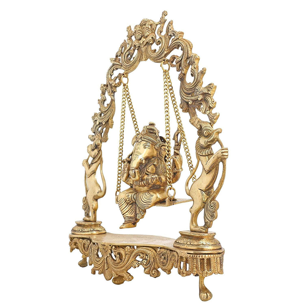 SVARUP Brass Ganesha On Jhoola Swing Showpiece, Beautiful Handcrafted Brass Ganesh Statue 18 Inch