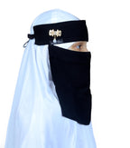 AL RIDHA Women's Babussalam Fabric Fashion Nosepiece One‑Layer Half Hijab Pendant Design Saudi Niqab for Muslim Women and Girls, Black (Floral Pearl Pendant)