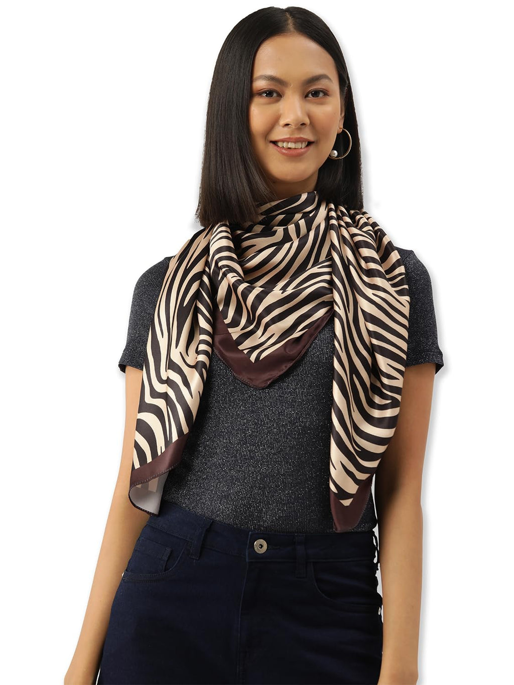 leeza store Women's Silk Scarf For Women 40X40 – Warm Beige Zebra Print | Digital Printed Satin Stole | Stylish Neck, Hair & Head Scarf
