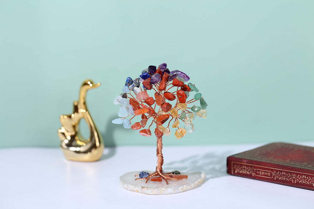 Jovivi Natural 7 Chakra Healing Crystals Tree on Agate Slice Base Healing Stones Gem Money Tree for Feng Shui Home Office Table Decorations