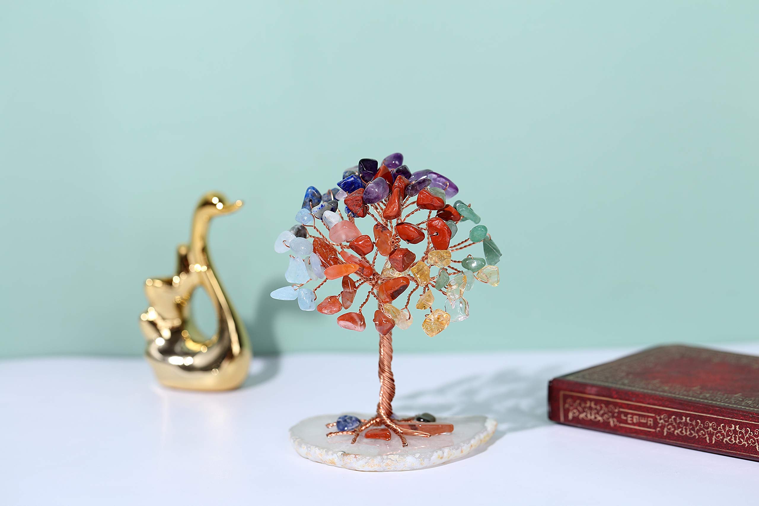 Jovivi Natural 7 Chakra Healing Crystals Tree on Agate Slice Base Healing Stones Gem Money Tree for Feng Shui Home Office Table Decorations