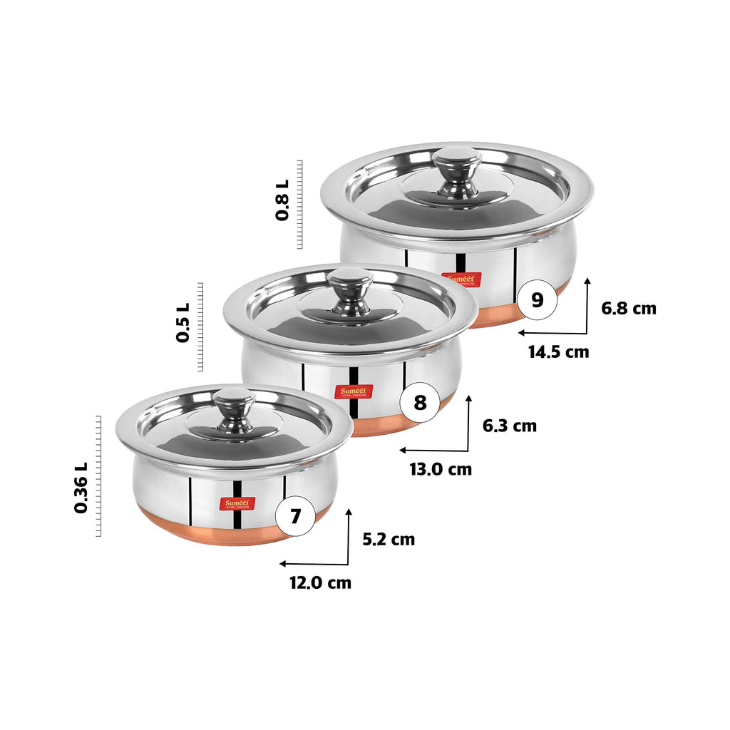 Sumeet Stainless Steel Copper Bottom 3 Pc Handi/Cookware/Serveware Pot Set with Lid 360ML, 500ML, 800ML, (Silver)