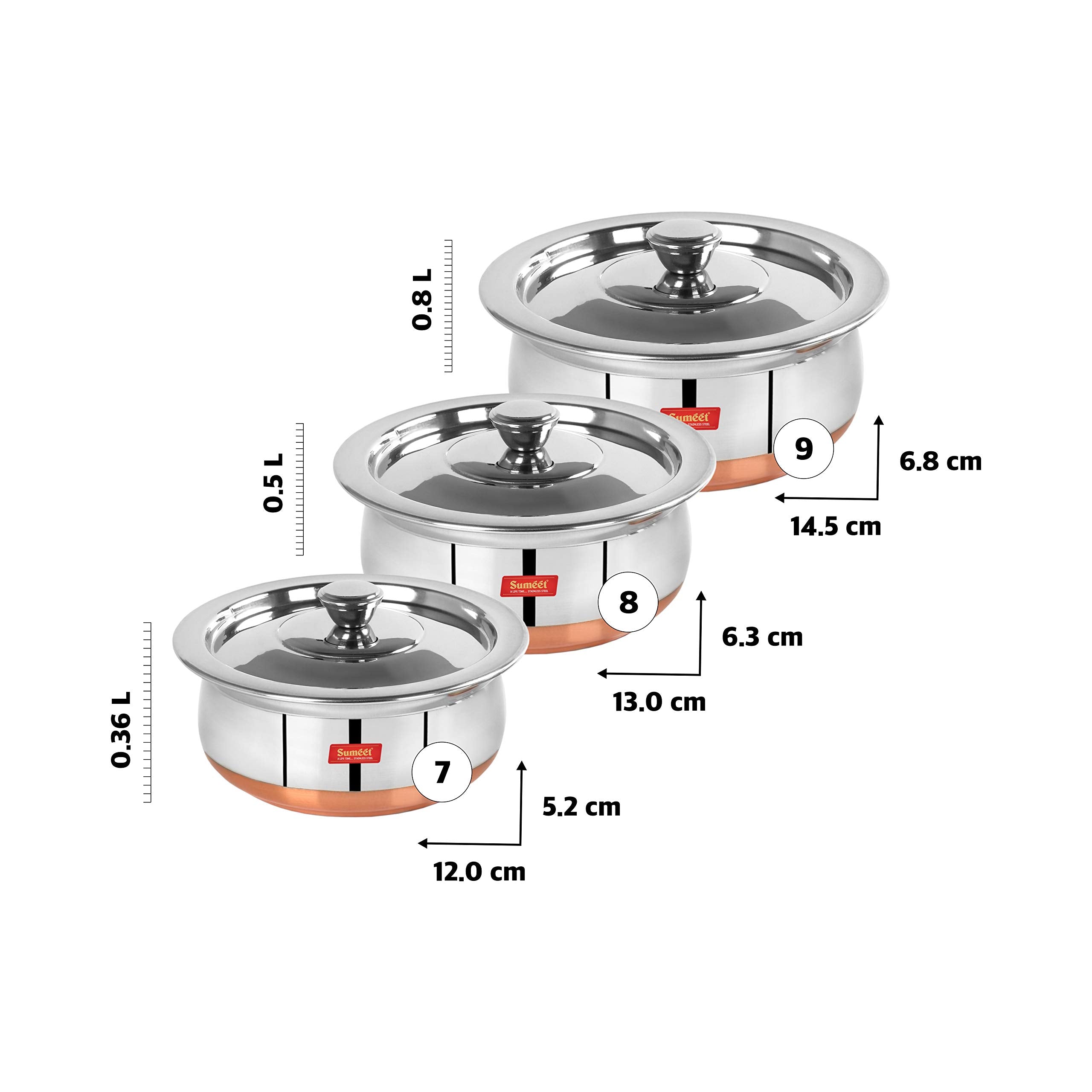 Sumeet Stainless Steel Copper Bottom 3 Pc Handi/Cookware/Serveware Pot Set with Lid 360ML, 500ML, 800ML, (Silver)