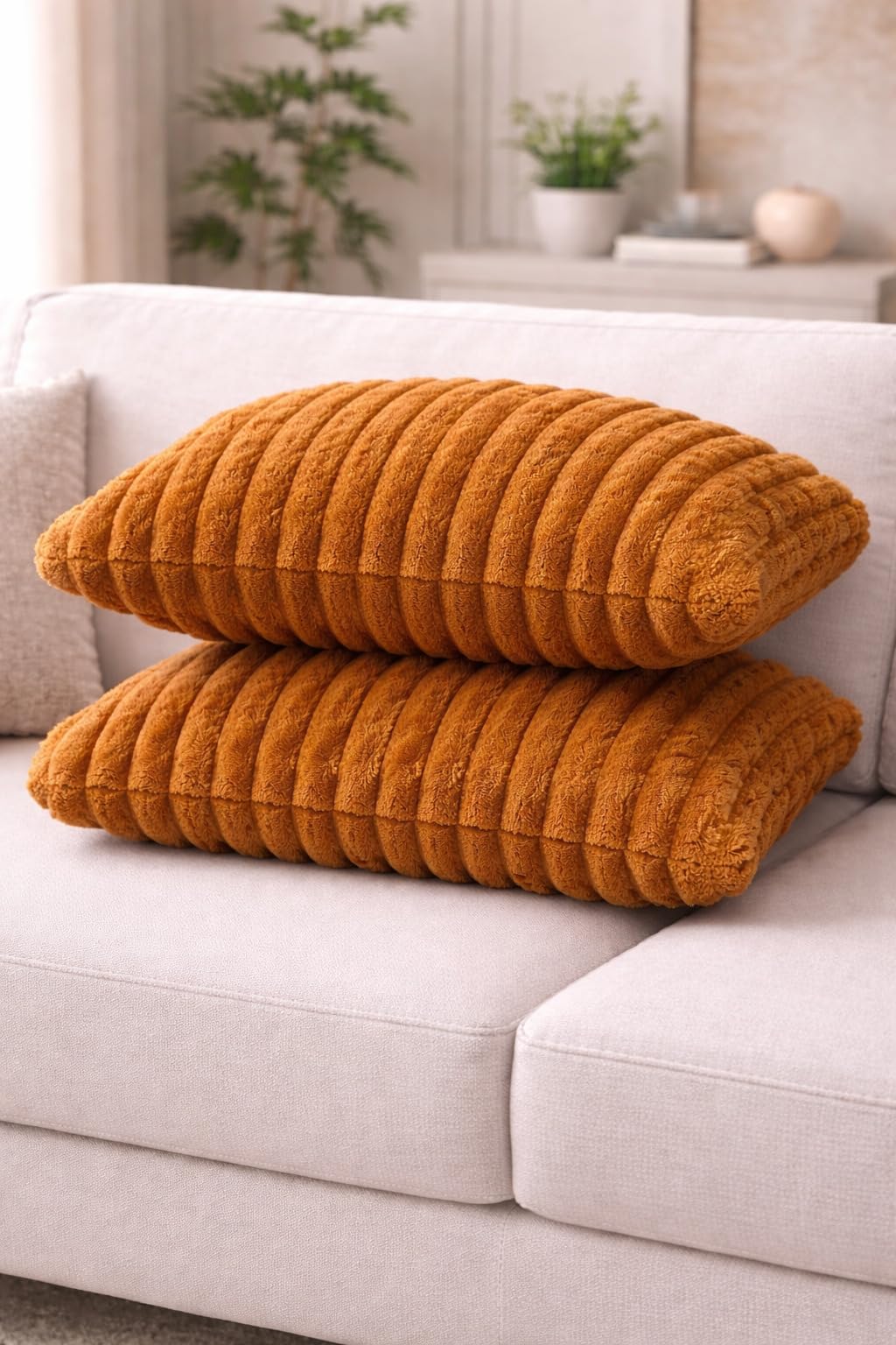 AWARD VELVETS Premium Faux Rabbit Fur Plush Luxury Soft Fluffy Striped Decorative Throw Pillow/Cushion Covers for Sofa, Couch, Living Room - (Light Brown, 16 x 16 inch) Set of 2