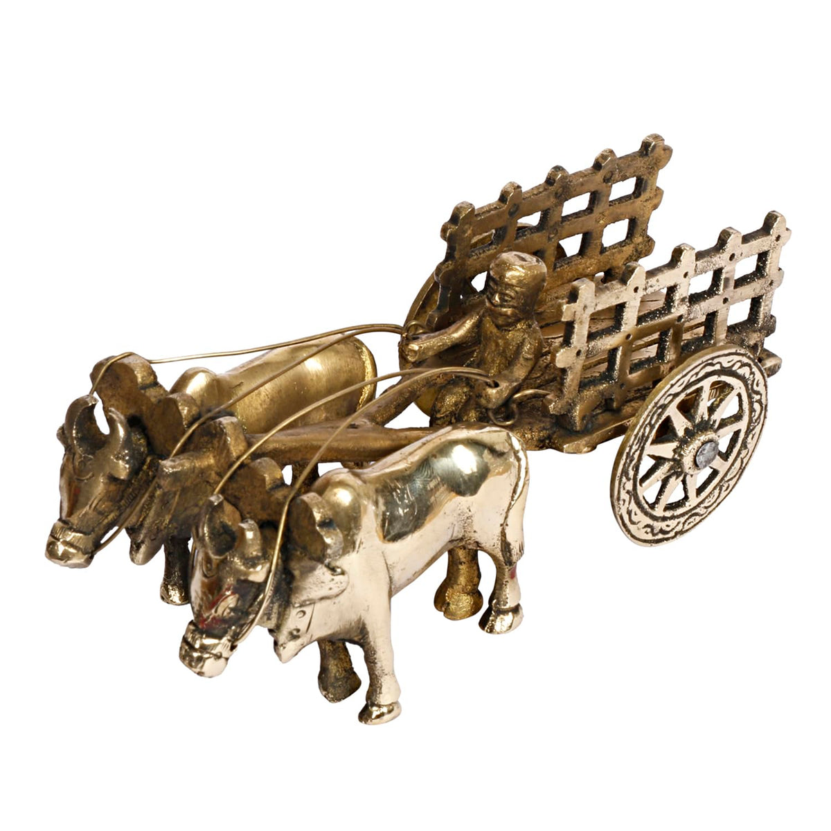 SVARUP Brass Vintage Bullock Cart with Double Bull with Farmer Decorative Showpiece Bullock Cart Standard, Pack of 1