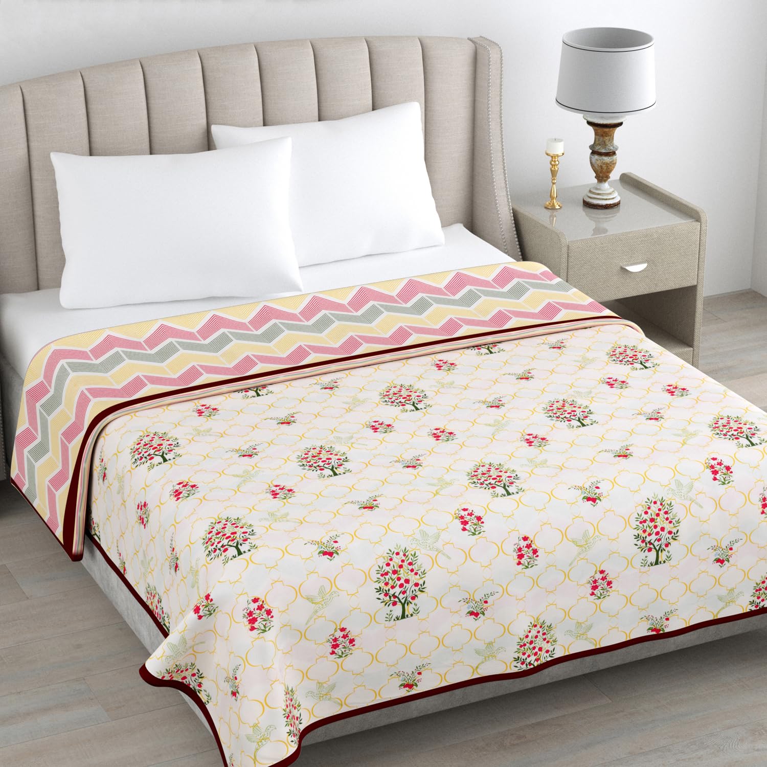 haus & kinder 100% Cotton Single Bed Dohar | Lightweight AC Blanket for Summer | Soft Breathable Reversible Blanket | Printed Cotton Dohar Ruby Tree | 58 x 88 Inch | 144 TC Kafalo