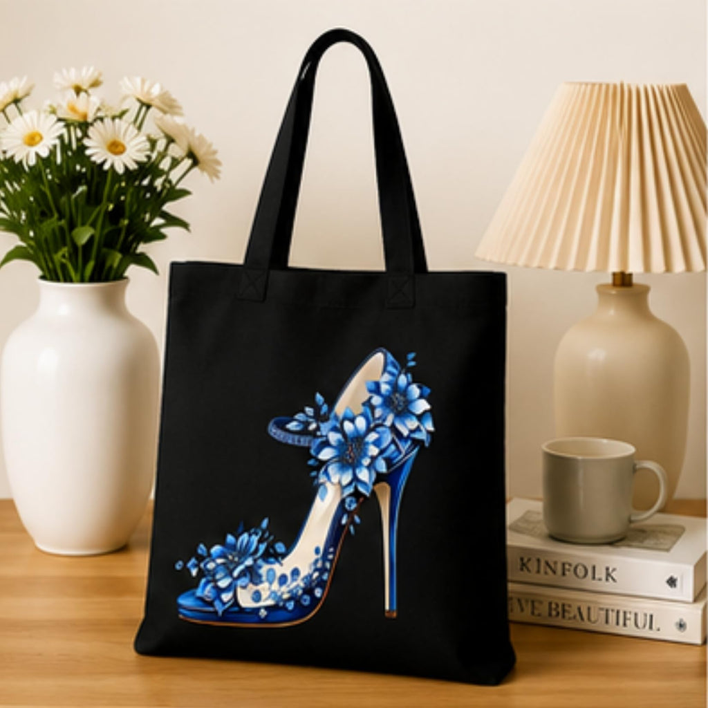 Adorvue Black Canvas Tote Bag for Women with Blue Floral High Heel Print | Premium Cotton Reusable Shopping Shoulder Bag | Designer Shoe Eco-Friendly Tote for College, Office, Travel & Daily Use