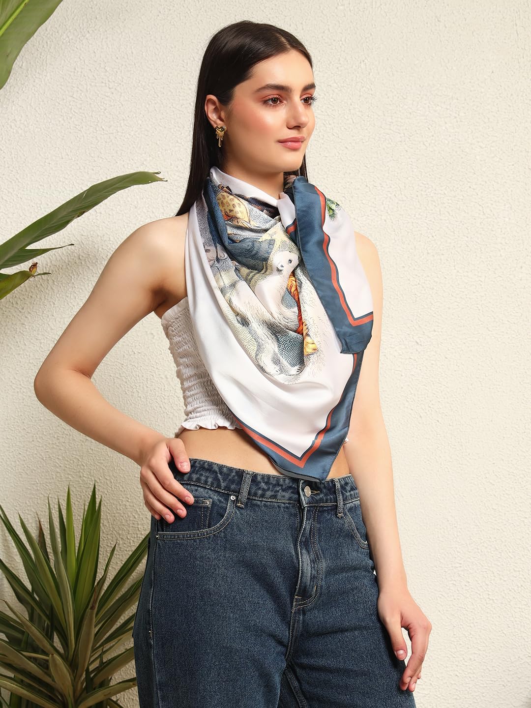 Ravaiyaa - Attitude is everything Women's Crepe Silk Digital Print Large Square Scarf Breathable Lightweight Neckerchief Printed Headscarf 40 x 40 Inch (White Wildlife)