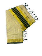 ALLUVY Women's Kuthampully Kerala Kasavu Saree Tissue striped zari with Kunjam | Kerala Tissue Kasavu saree onam latest collections | Stripe Kasavu Saree - Dark Green KTM-907