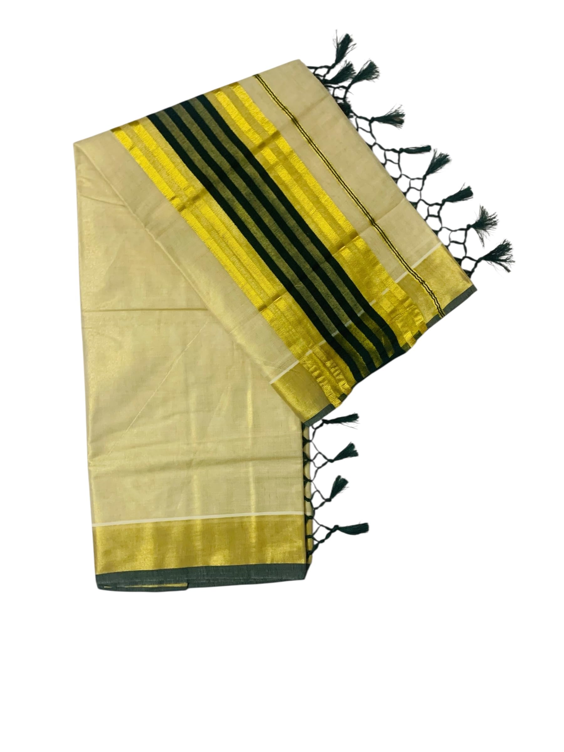 ALLUVY Women's Kuthampully Kerala Kasavu Saree Tissue striped zari with Kunjam | Kerala Tissue Kasavu saree onam latest collections | Stripe Kasavu Saree - Dark Green KTM-907
