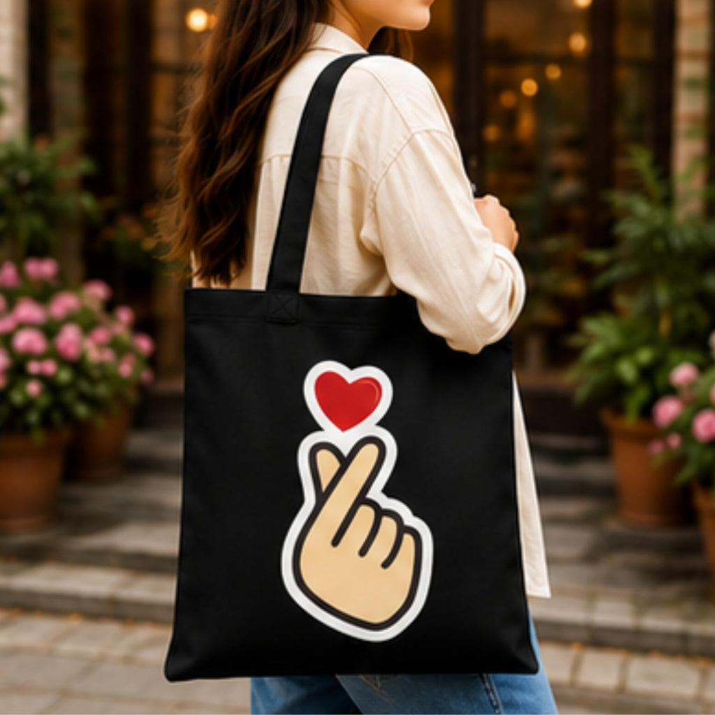 Adorvue New Launch Black Canvas Tote Bag for Women with Korean Finger Heart Art | Premium Cotton Reusable Shopping Shoulder Bag | Cute Kawaii Eco-Friendly Tote for College, Office, Travel & Daily Use