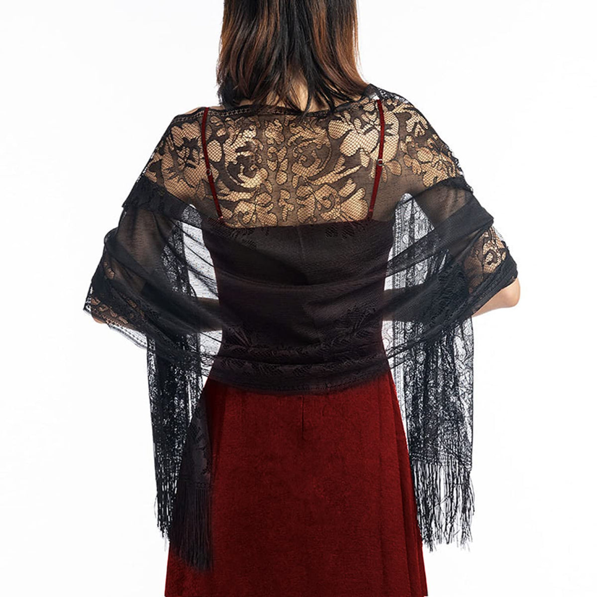 Jdlsppl Women's Pashmina Shawls and Wraps Gypsy Head Scarf Fancy Lace Crochet Mesh Wedding Bridal Pashmina Scarf Fringe, Black, One Size