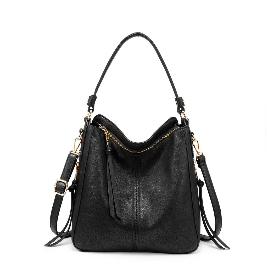 Zibuyu® Tote Handbag for Women Fashion Faux Leather Tote Bag Classic Shoulder Crossbody Bags for Lady Girl Solid Color (Black)