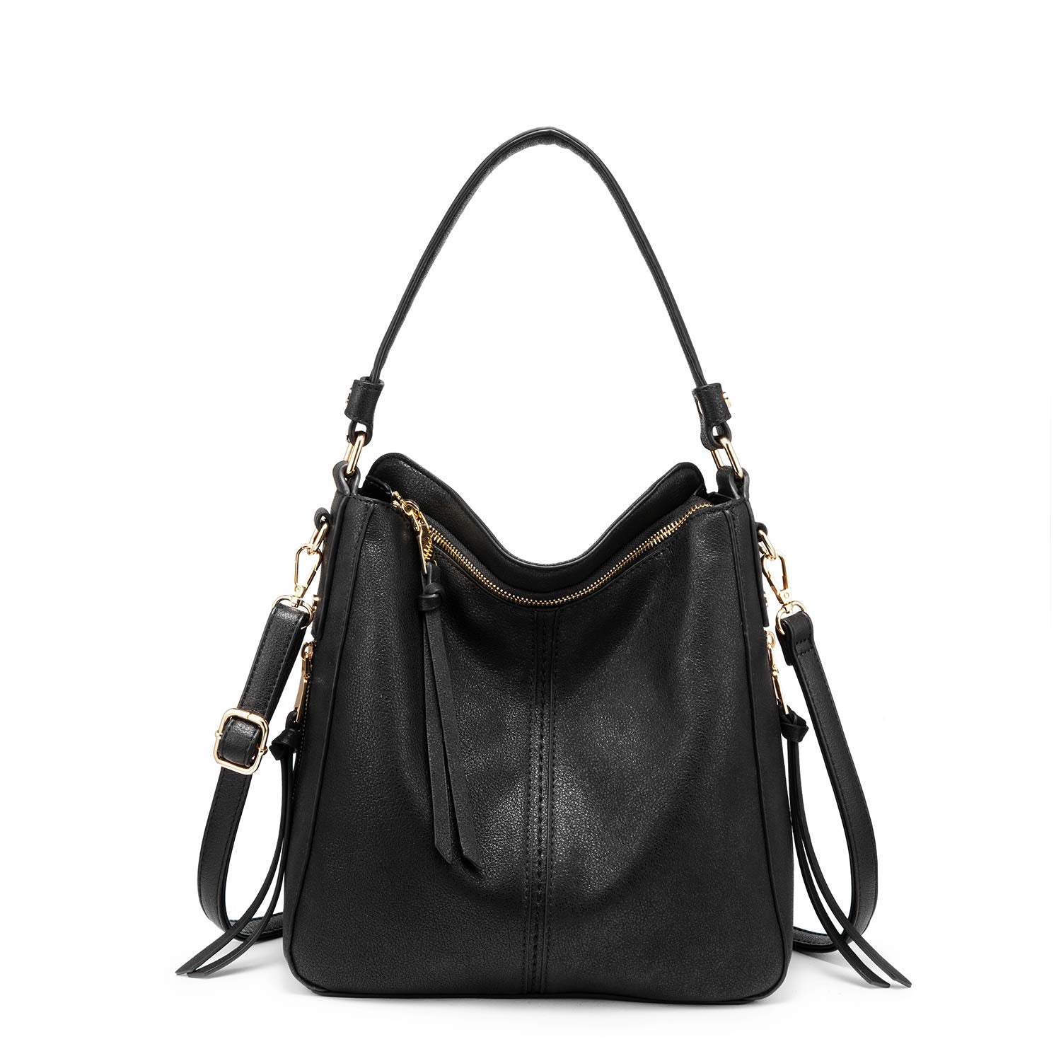 Zibuyu® Tote Handbag for Women Fashion Faux Leather Tote Bag Classic Shoulder Crossbody Bags for Lady Girl Solid Color (Black)