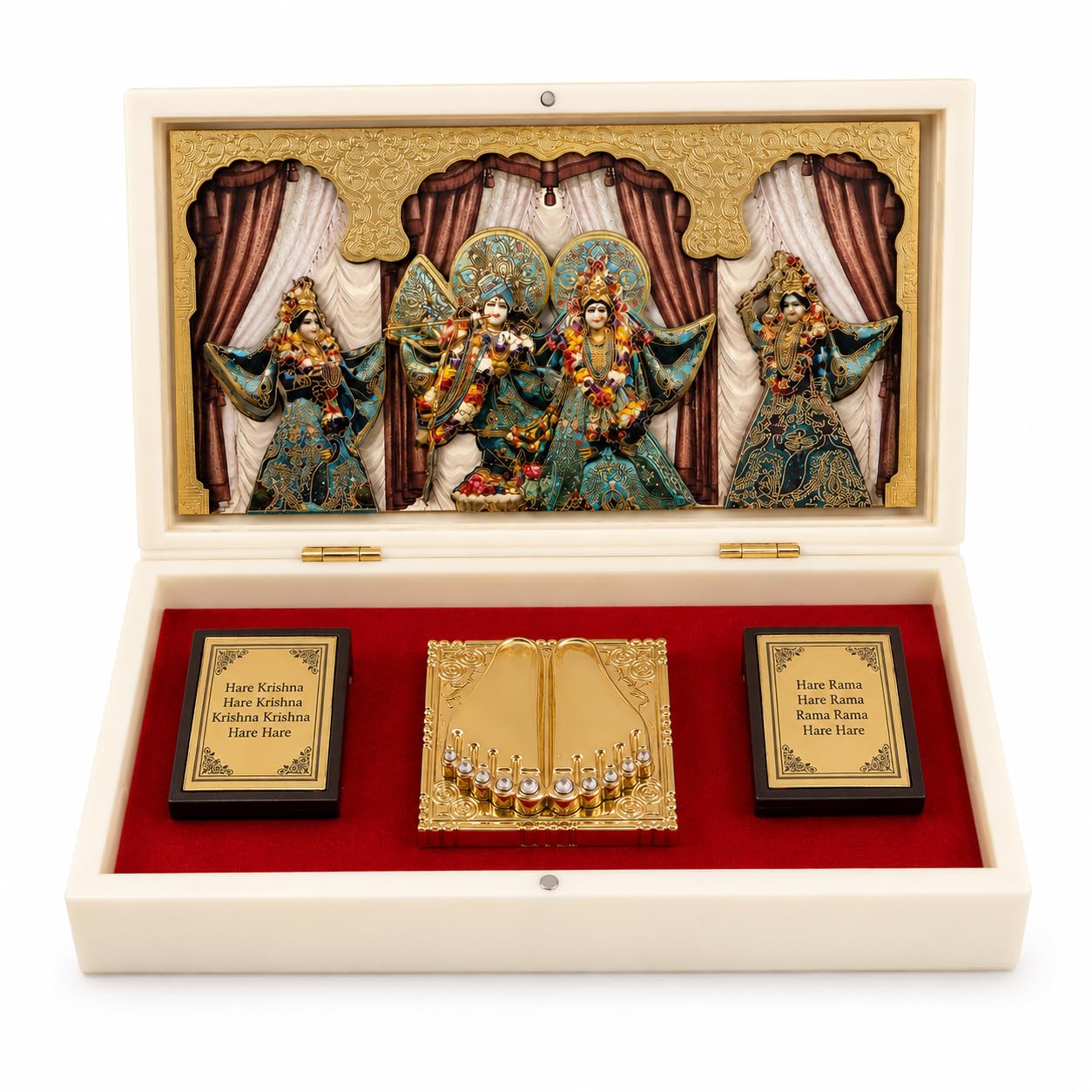 Radha Krishna Design Charan Paduka Pocket Temple for Pooja Room, Home Mandir, Car Dashboard & Prayer Space | Pearl & Brown Finish | Spiritual Gift & Housewarming Gift (Pearl, Big)
