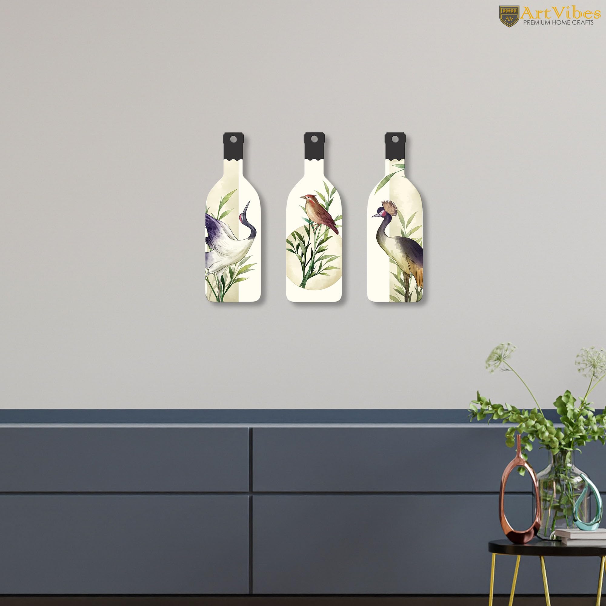 Artvibes Japanese Watercolor Art of Birds Decor Bottle shaped Wooden Wall Hanging | Living Room | Handcrafted Art | Wall Poster | Aesthetic Wooden Decor | Art Print | Unique Gift (WH_9515N), Set of 3