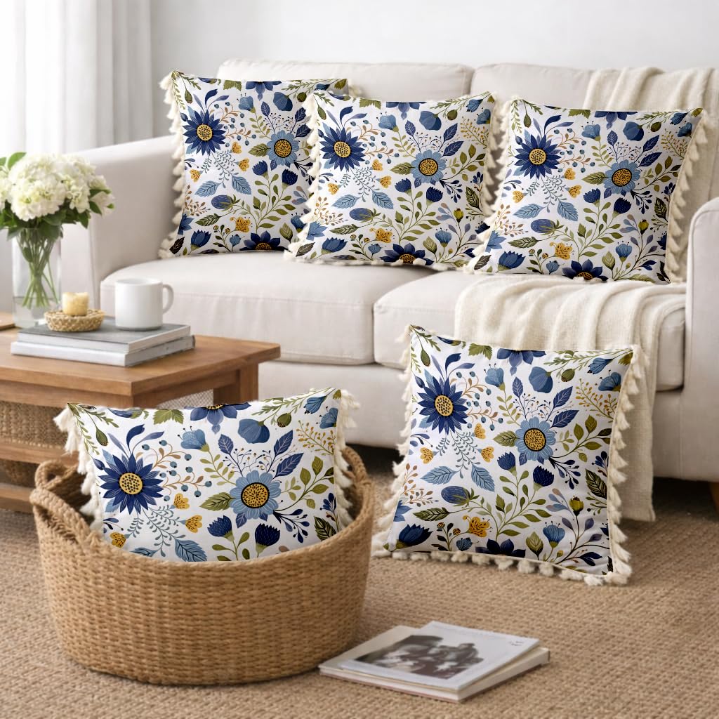 STITCHNEST 'Little Meadow Series' Tassled Cushion Cover | Set of 5 | Floral Cushion Cover 16 inch x 16 inch