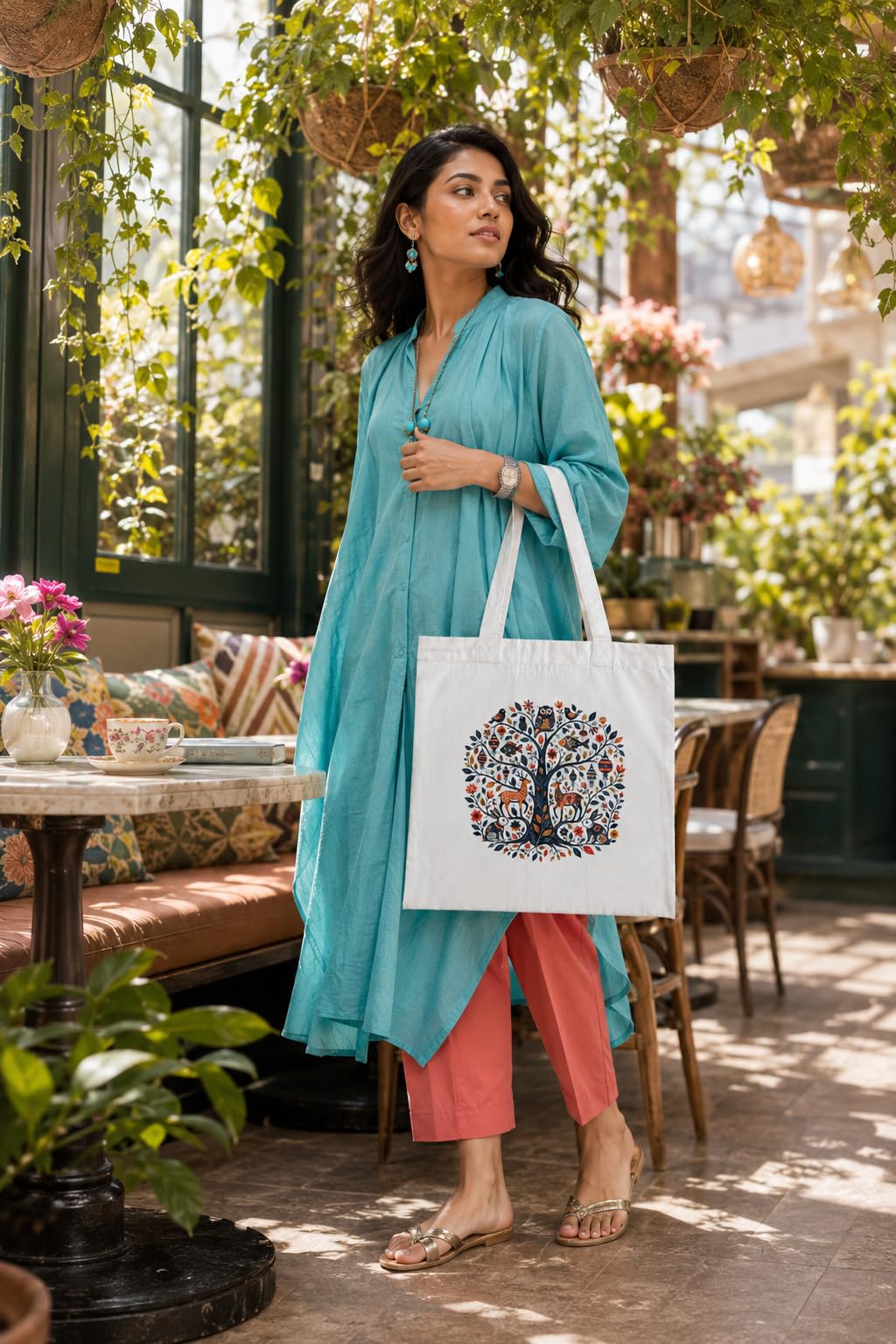 Kai Pai Co Cotton Tote Bag for Women, Indian Folk Art Prints, Casual Daily Use, Reusable Shoulder Bag,14 X 16 Inches - Madhubani, Kalamkari, Return Gifts (Tree of Stories - Madhubani)