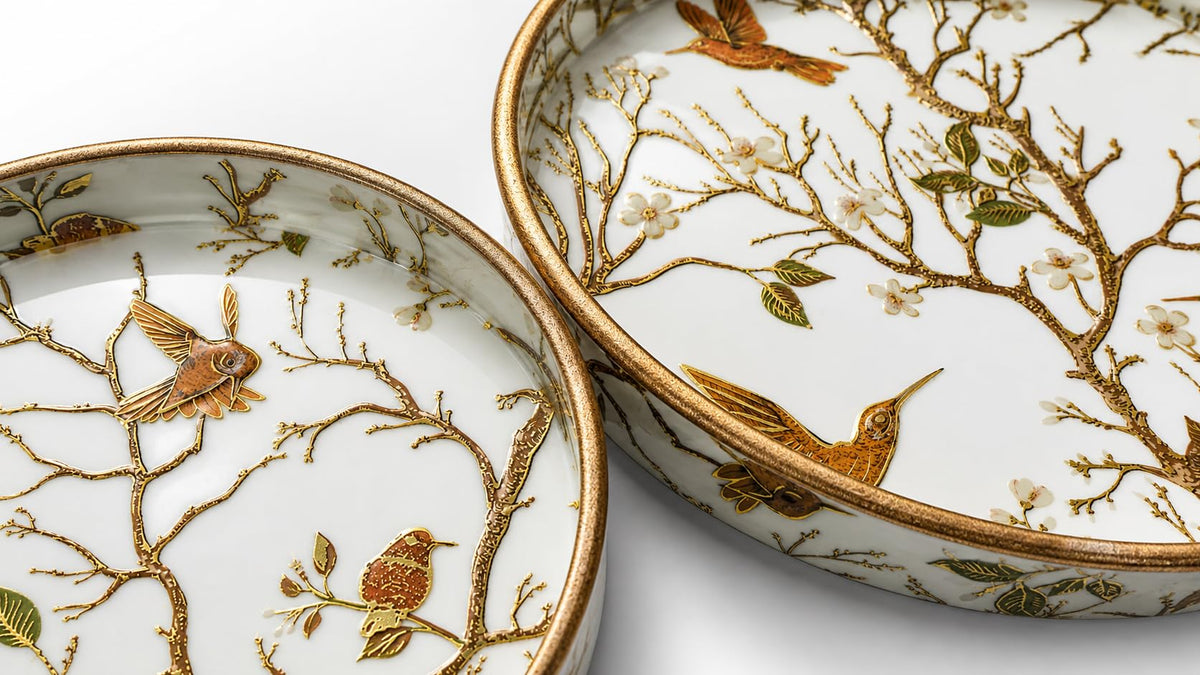 Dreams n Decor Round Wooden Serving Tray Set of 2 | MDF Decorative Trays for Center Table & Dining | Golden Hummingbird Print (7 & 9) | Perfect for Tea, Coffee, Snacks & Housewarming Gifts