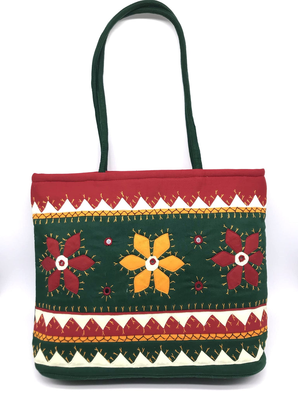SriShopify Handcrafted Tote Bag Shoulder Bag Handbags for marriage women wedding gift for friend marriage Green hand bag (30x40x10 cm Mirrors and Beads applique work Stylish)