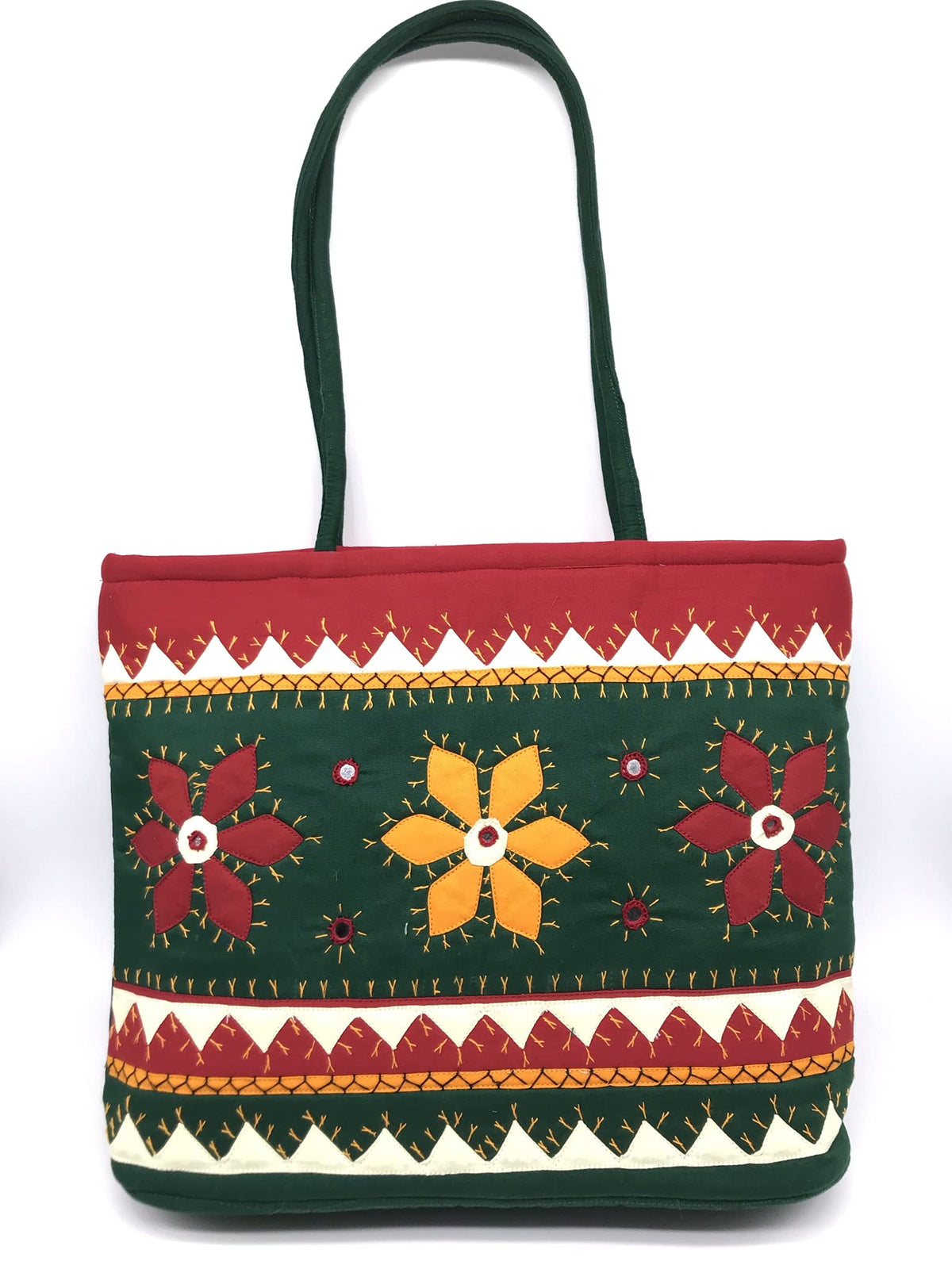 SriShopify Handcrafted Tote Bag Shoulder Bag Handbags for marriage women wedding gift for friend marriage Green hand bag (30x40x10 cm Mirrors and Beads applique work Stylish)
