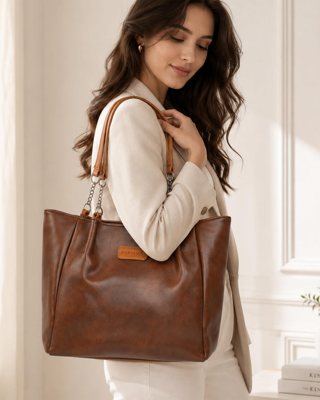 EARTHEA Tote Bag for Women | Large Faux Leather Handbag Fits 14 Inch Laptop | Stylish Shoulder Office Bag with Zipper | Spacious Work Tote for Daily Use, Travel & Shopping
