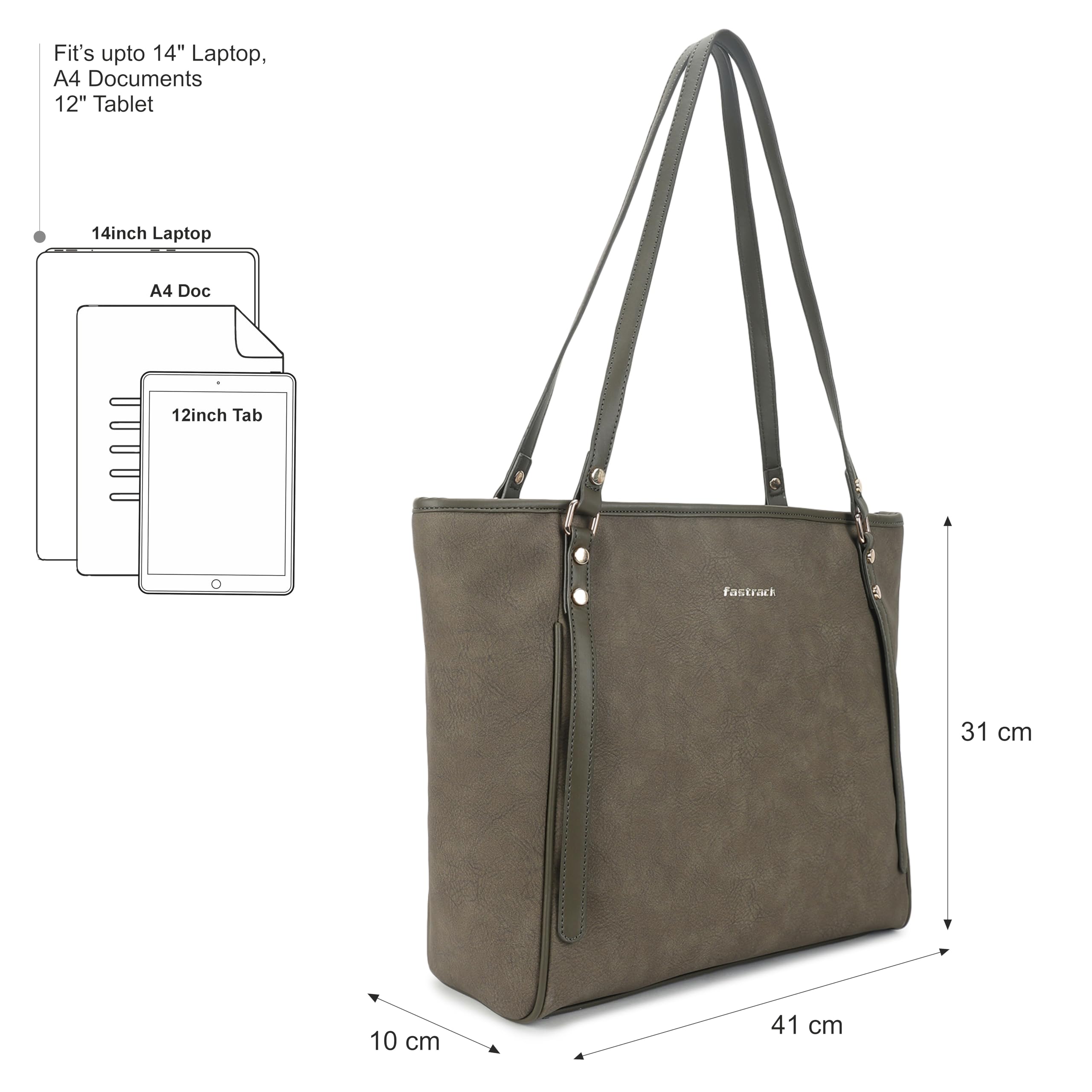 Fastrack Casual Laptop Tote Bag For Girls, Large Size With A Zipper Closure And Padded Laptop Compartment, Compatible With Laptops Up To 14 Inches, Double Handle Bag, Olive