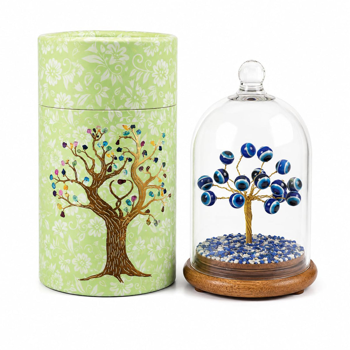 Evil Eye Tree with Glass Dome, Blue Evil Eye Beads on Wooden Base, Decorative Crystal Tree Showpiece for Home Office Tabletop Decor