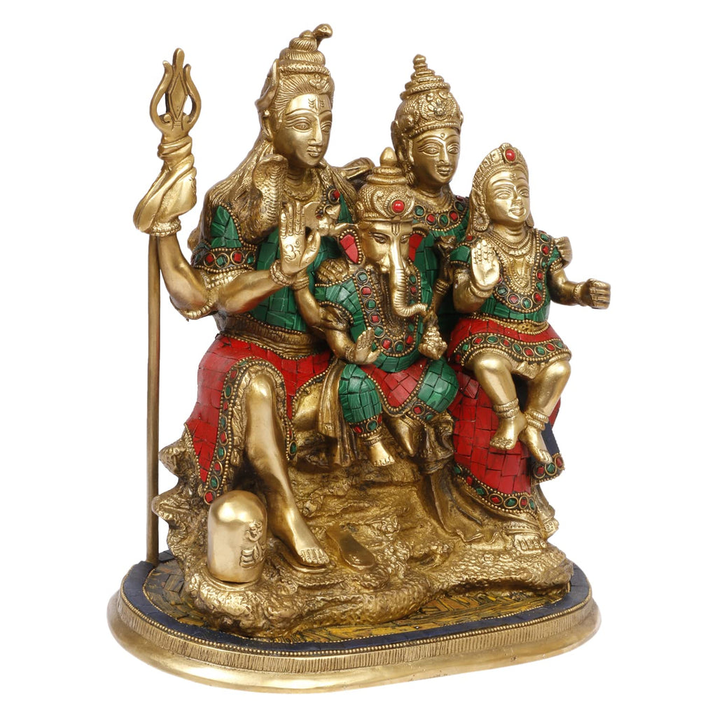 Artvarko Lord Shiva Parvati, Ganesha and Kartikeya Murti Brass Inlay Stone Work Shiv Parivar Family Sitting Idol for Shivratri/Mahashivratri Diwali Temple Puja Gifts 12 Inches