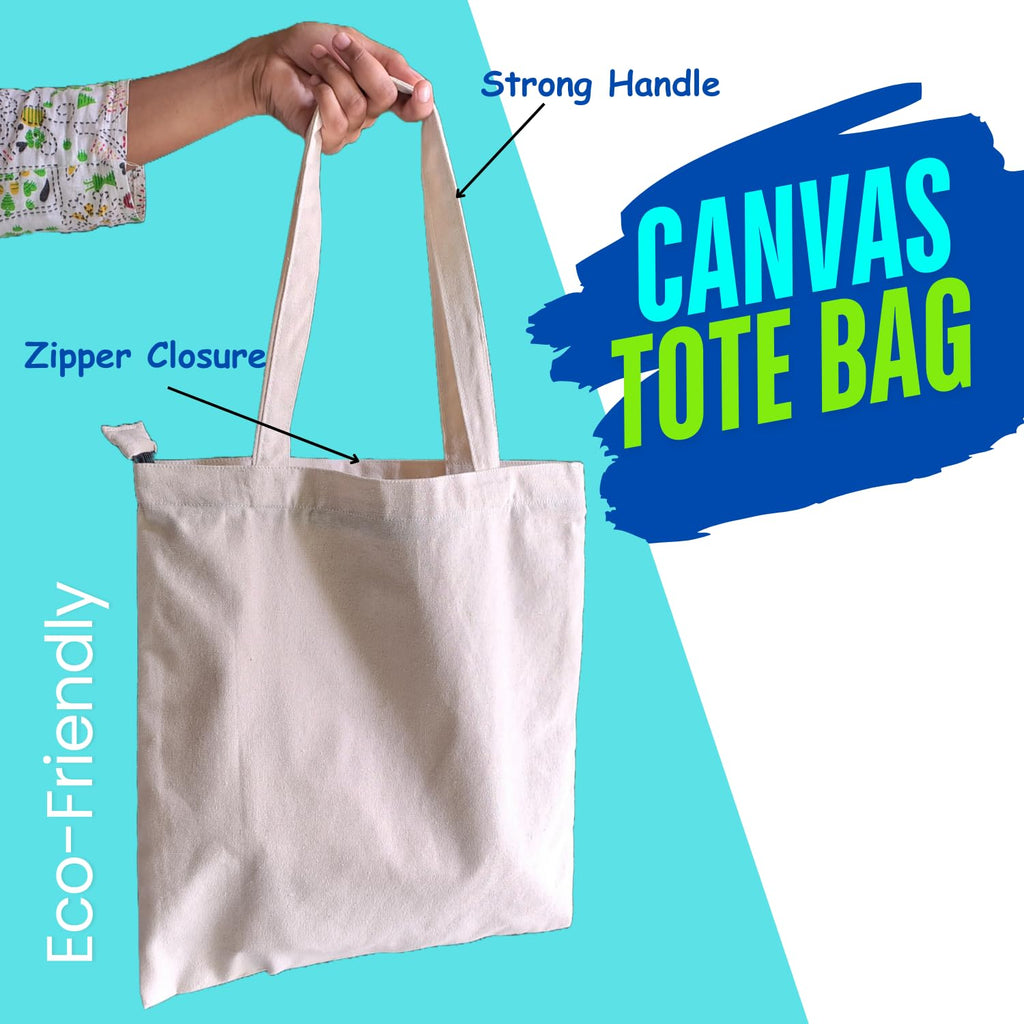 Ecodott Cotton Tote bag with Zipper | Heavy Duty Multi-purpose reusable white canvas bag for Shopping, Painting and Everyday use | 100% Organic Cotton Eco Friendly Grocery Bag | Pack of 10