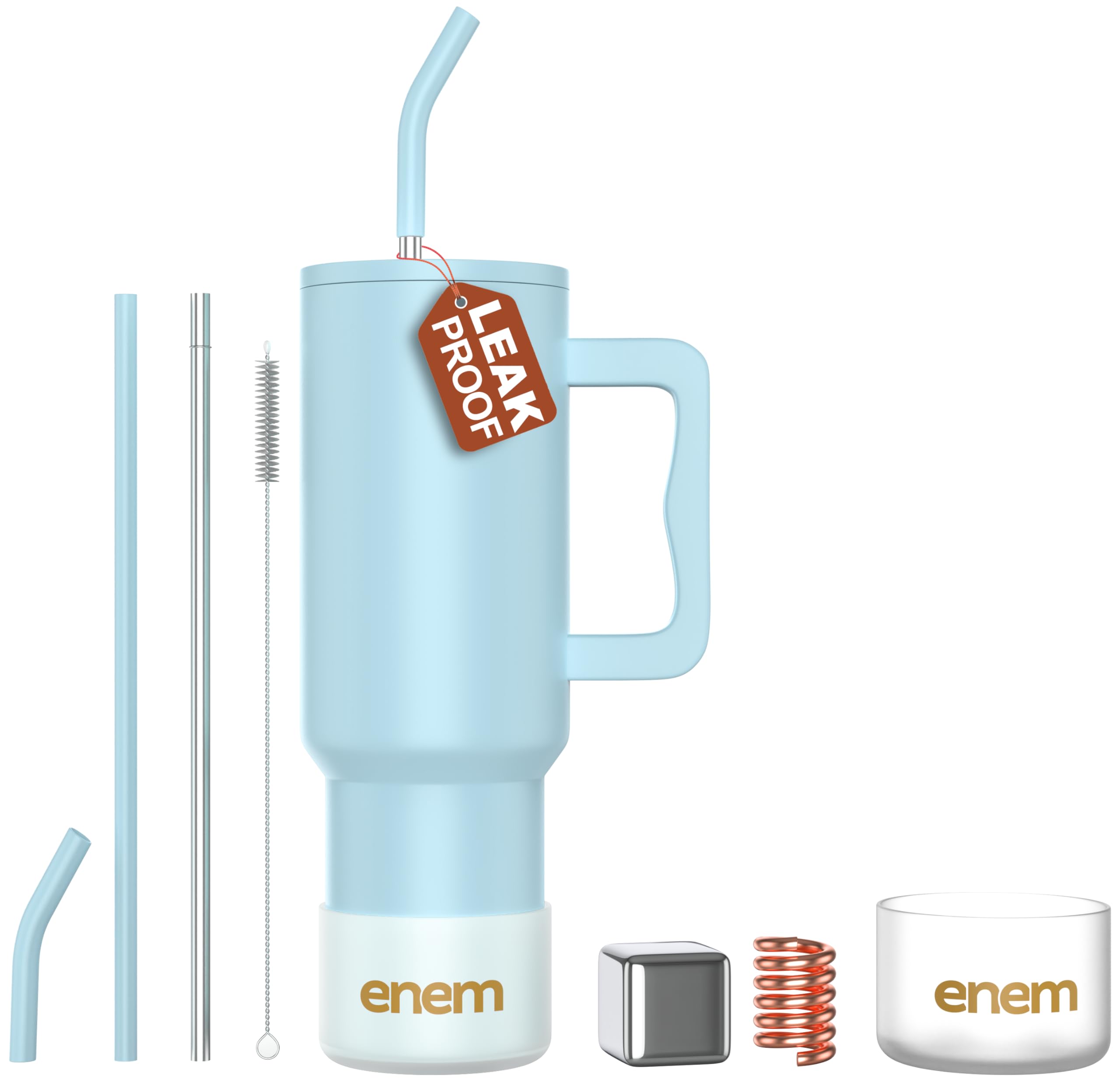 enem Tumbler, Sky Chill, Tumbler with Metal Straw, Sipper, with Lid Leak Proof, 1 Metal Ice Cube, 1 Copper Spring (Tamba), Base Protector, Mug Travel, 1.2L