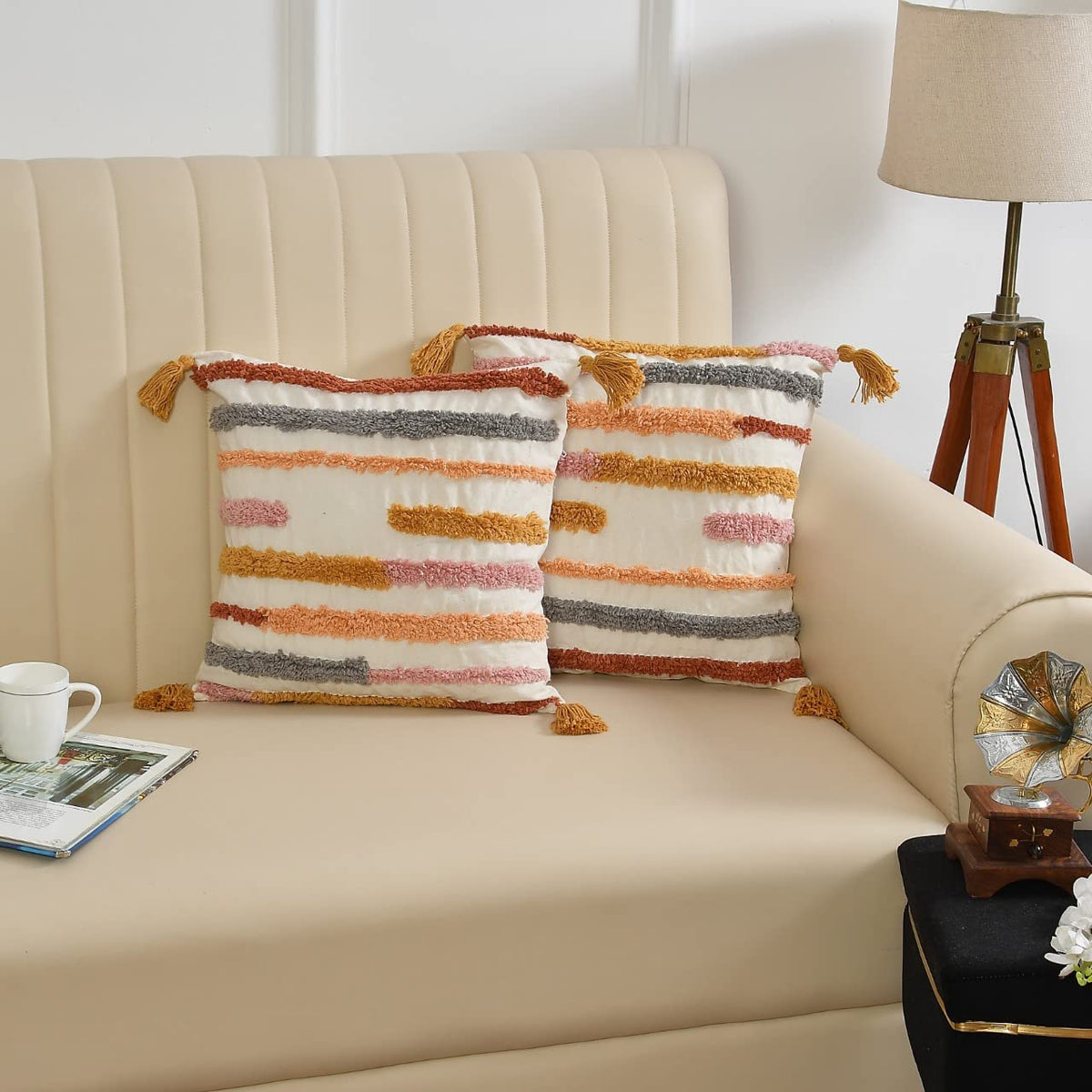 Furnistitchs Premium Decorative Throw Cushion Pillow Cover Boho Home Decor - Living Room Bedroom Couch Sofa Cushion Covers 16 inch x 16 inch (2, Multi Stripe Tassels)
