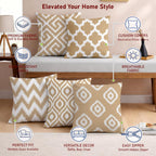 STITCHNEST Set of 5 Polycotton Cushion Covers – 16x16 Inches – Beige & White Ikat Geometric Print – Elegant Cushion Covers for Sofa & Living Room Decor