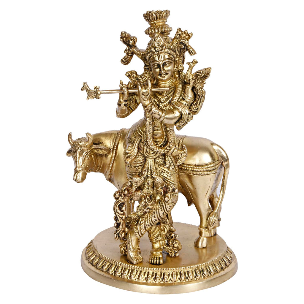 Artvarko Brass Krishna with Cow Statue for Home Mandir Krishan Ji Murti Decorative Showpiece Good Luck & Happiness Statue Idol Décor 10 Inches