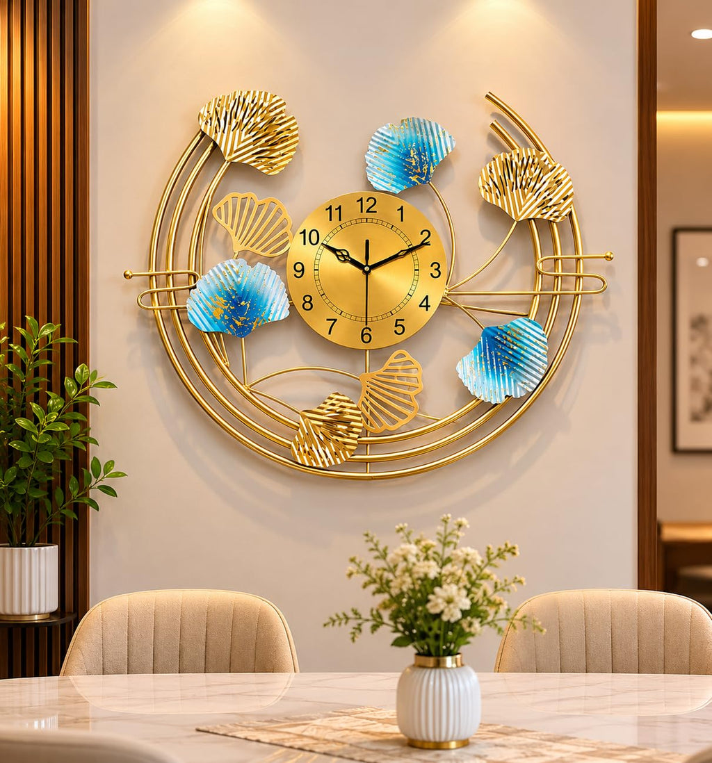 Mahira Artefacts Luxury Metal Wall Clock with Ginkgo Leaf 3D Art, Gold and Blue, Designer Decorative for Living Room, Bedroom and Office