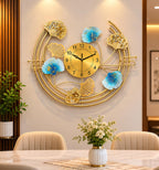 Mahira Artefacts Luxury Metal Wall Clock with Ginkgo Leaf 3D Art, Gold and Blue, Designer Decorative for Living Room, Bedroom and Office