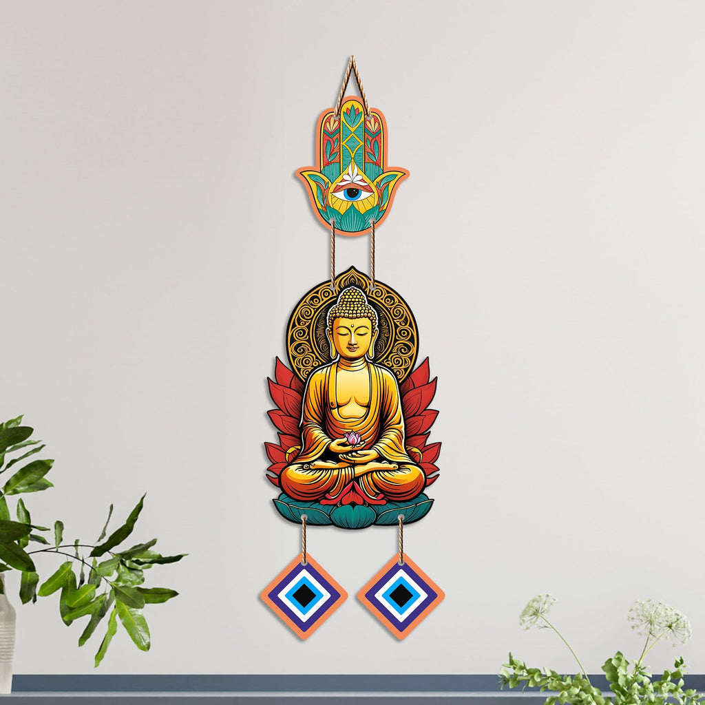 Artvibes Golden Buddha Wall Hanging with Hamsa Hand and Evil Eye Charms | Spiritual Protection Decor for Home | Meditation | Yoga Spaces & Entryway | Positive Energy Wall Art Gift (WH_8594N)